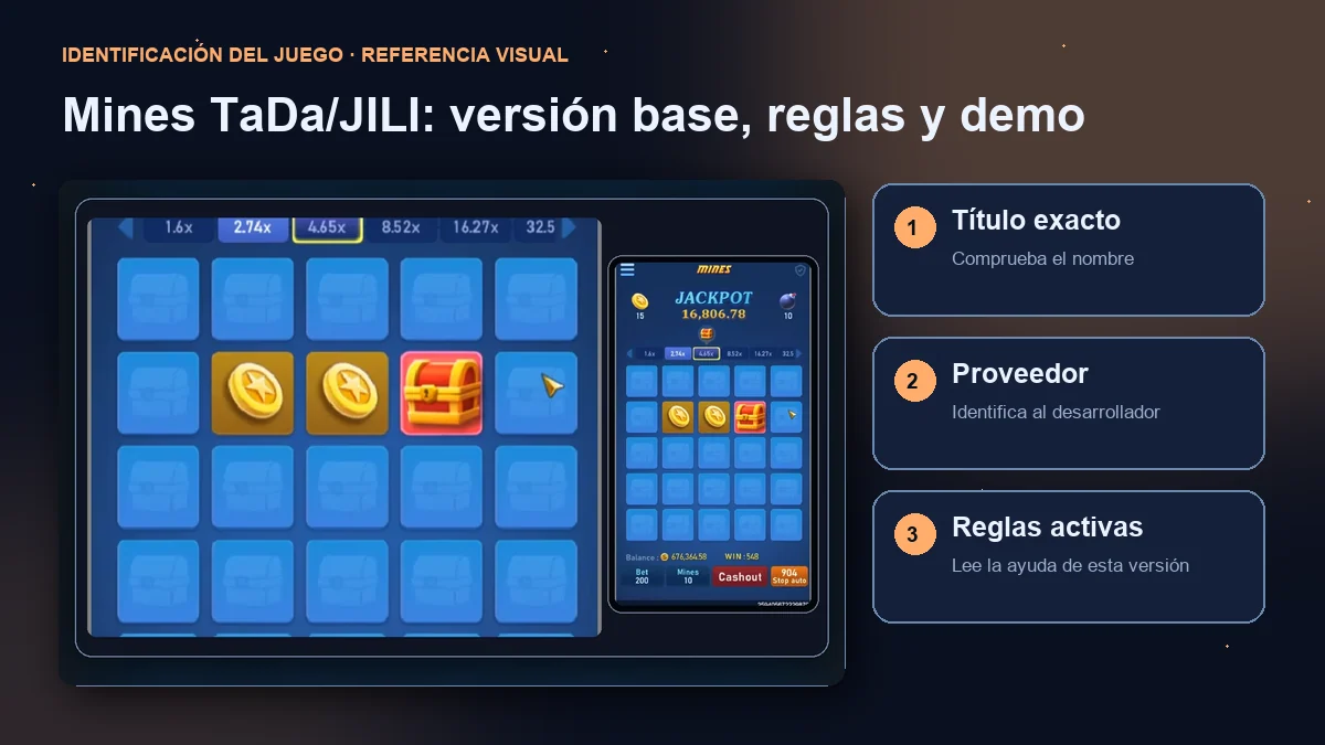 Mines de TaDa / JILI: interfaz con comprobaciones de título, proveedor y reglas.