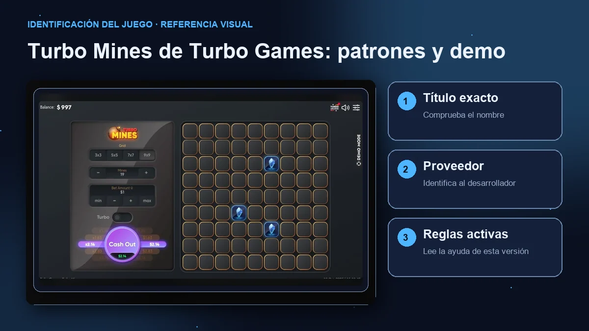 Turbo Mines de Turbo Games: interfaz con comprobaciones de título, proveedor y reglas.