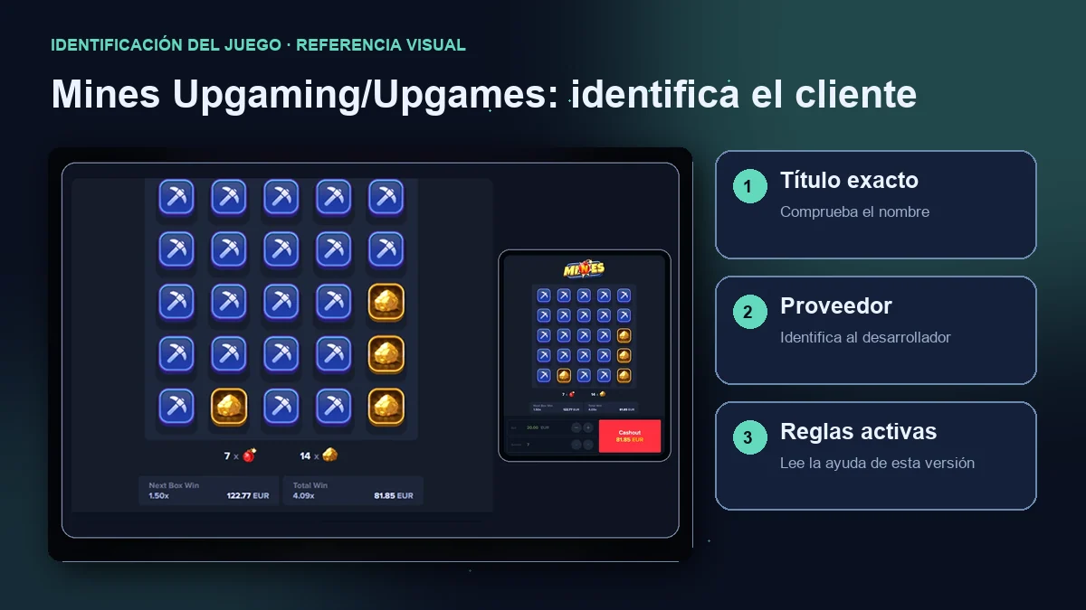 Mines de Upgaming / Upgames: interfaz con comprobaciones de título, proveedor y reglas.