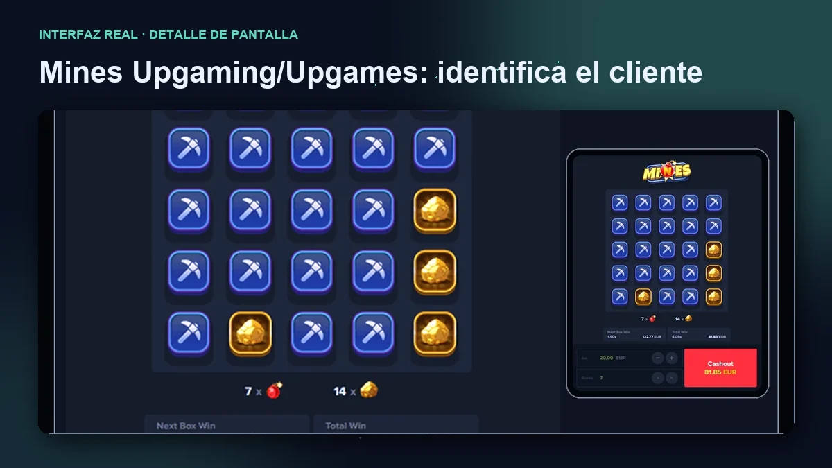Mines de Upgaming / Upgames: detalle ampliado de la interfaz del juego.