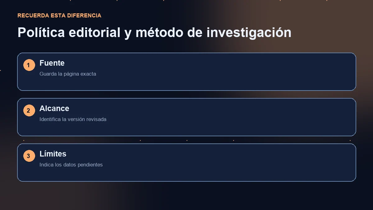Diagrama de tres pasos: fuente exacta, versión consultada y límites de la evidencia.