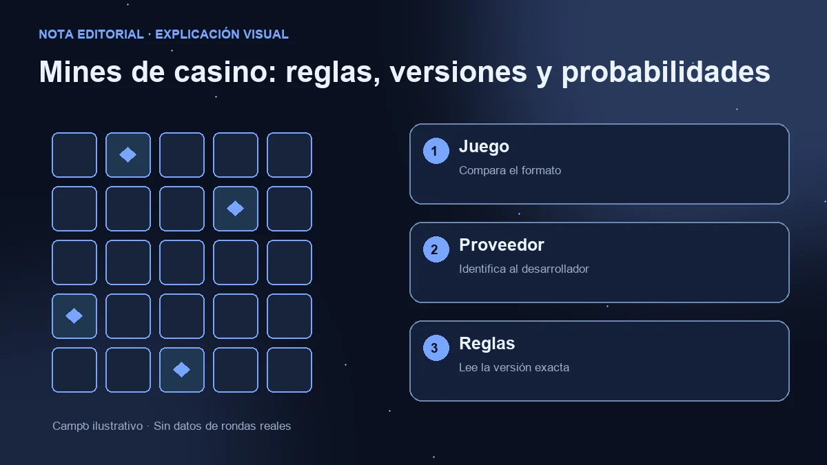 Campo ilustrativo y tres comprobaciones: formato del juego, proveedor y reglas de la versión.