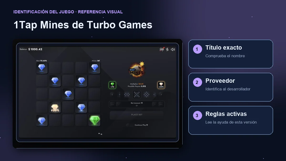 1Tap Mines de Turbo Games: interfaz con comprobaciones de título, proveedor y reglas.