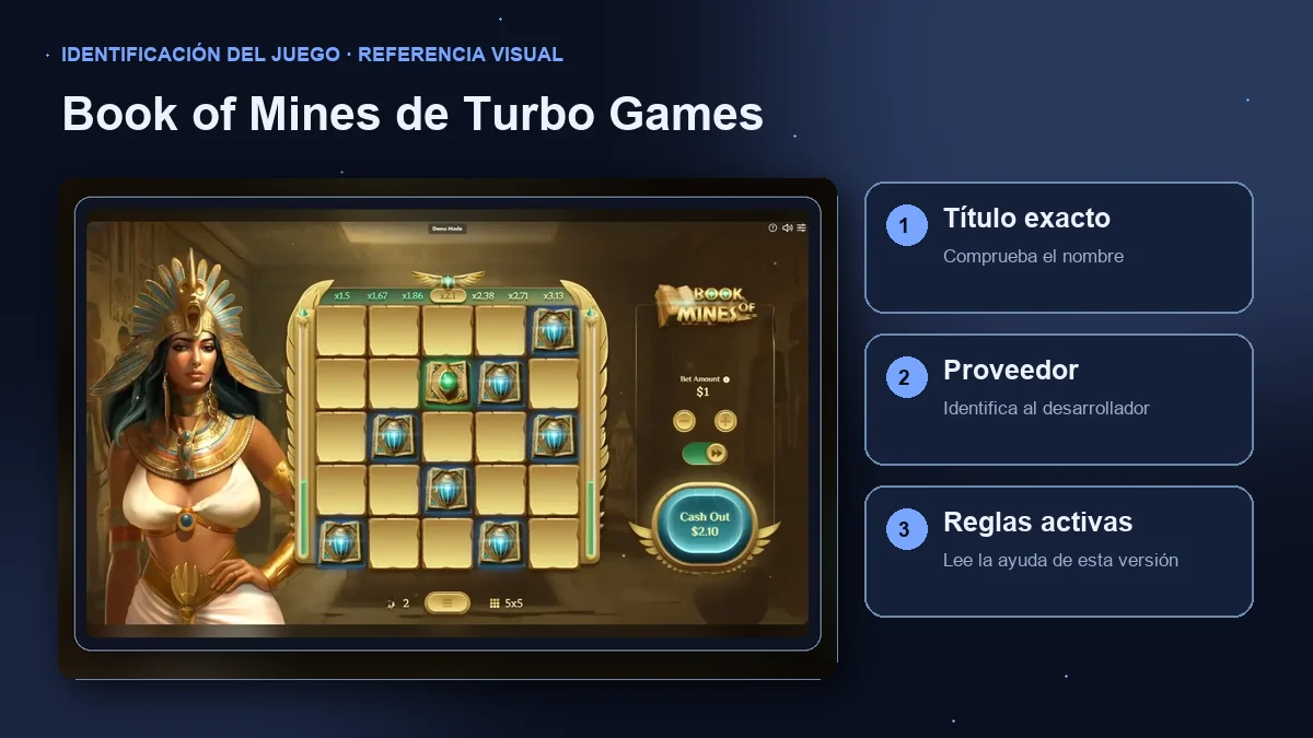 Book of Mines de Turbo Games: interfaz con comprobaciones de título, proveedor y reglas.