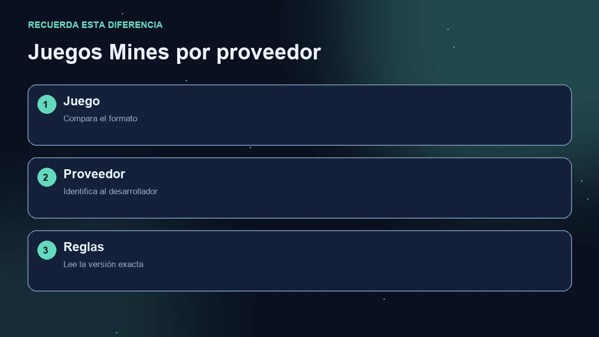 Diagrama de tres pasos: formato del juego, proveedor y reglas de la versión.