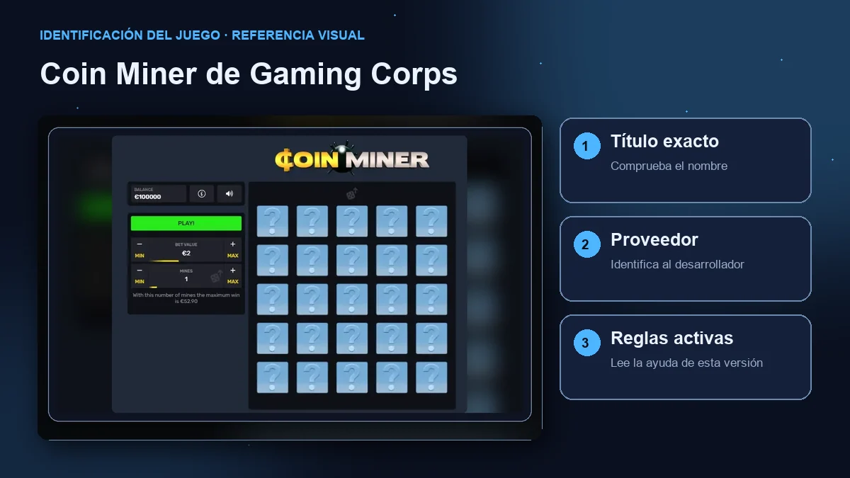 Coin Miner de Gaming Corps: interfaz con comprobaciones de título, proveedor y reglas.
