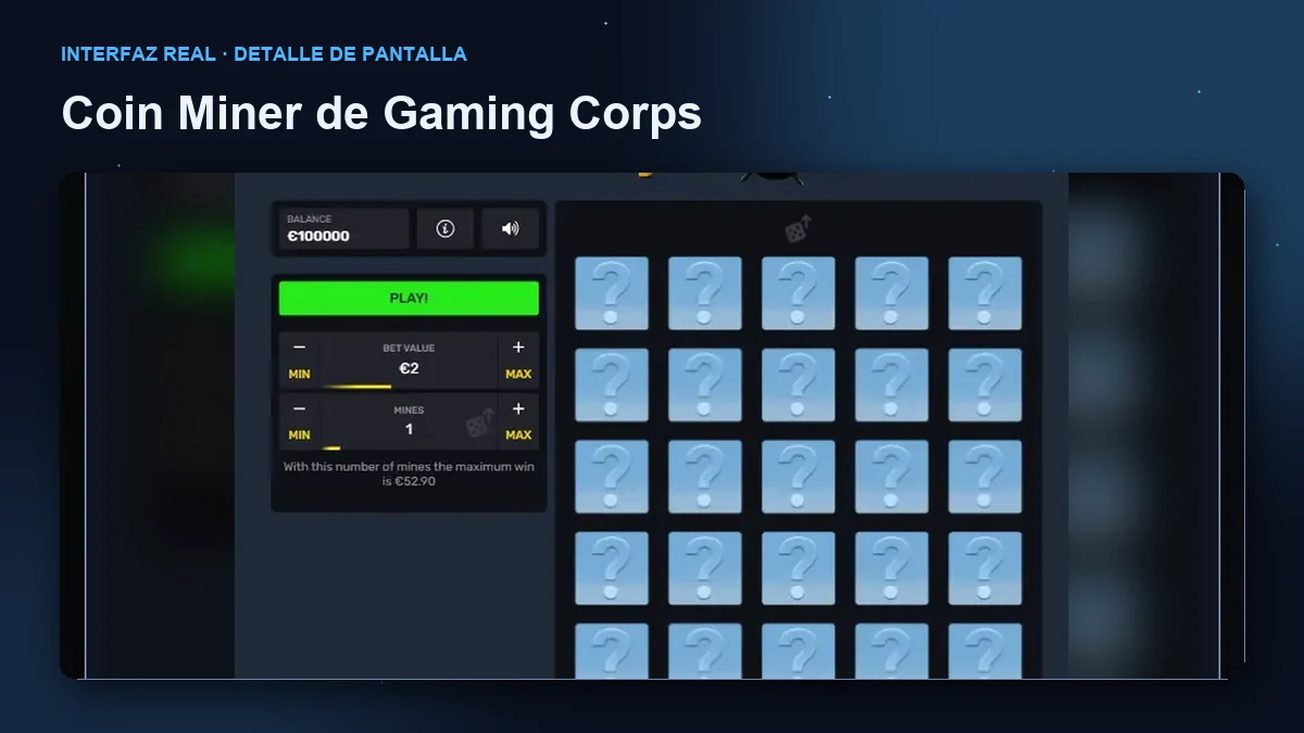 Coin Miner de Gaming Corps: detalle ampliado de la interfaz del juego.