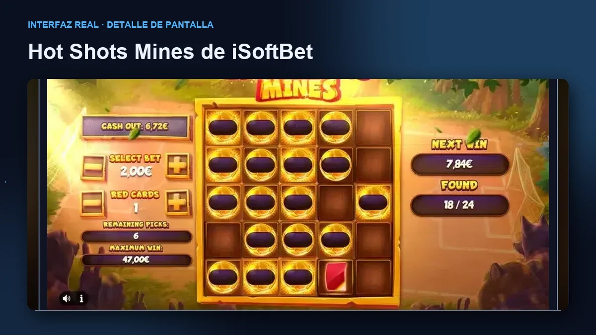 Hot Shots Mines de iSoftBet: detalle ampliado de la interfaz del juego.