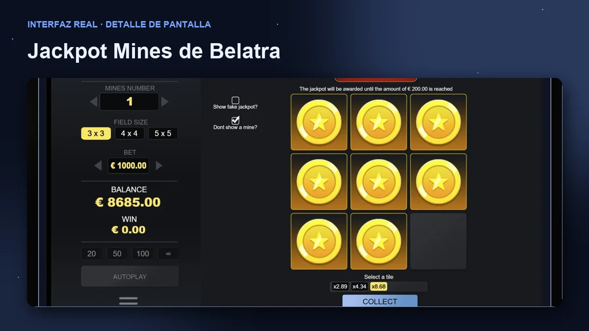 Jackpot Mines de Belatra: detalle ampliado de la interfaz del juego.