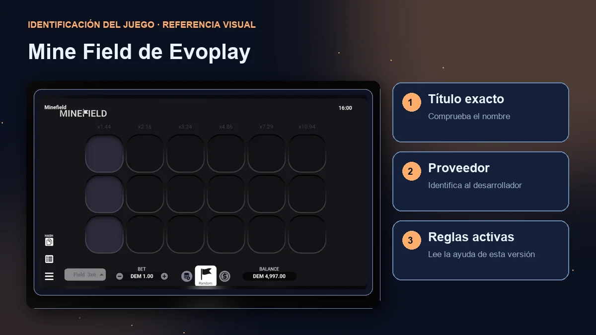 Mine Field de Evoplay: interfaz con comprobaciones de título, proveedor y reglas.