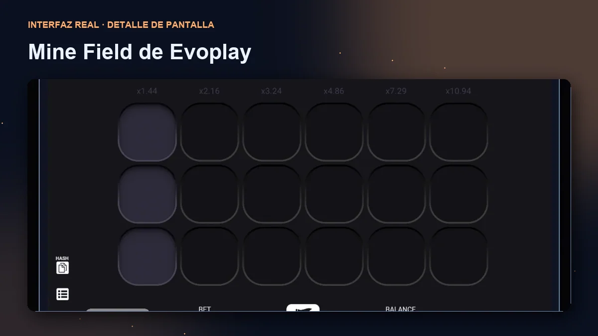 Mine Field de Evoplay: detalle ampliado de la interfaz del juego.