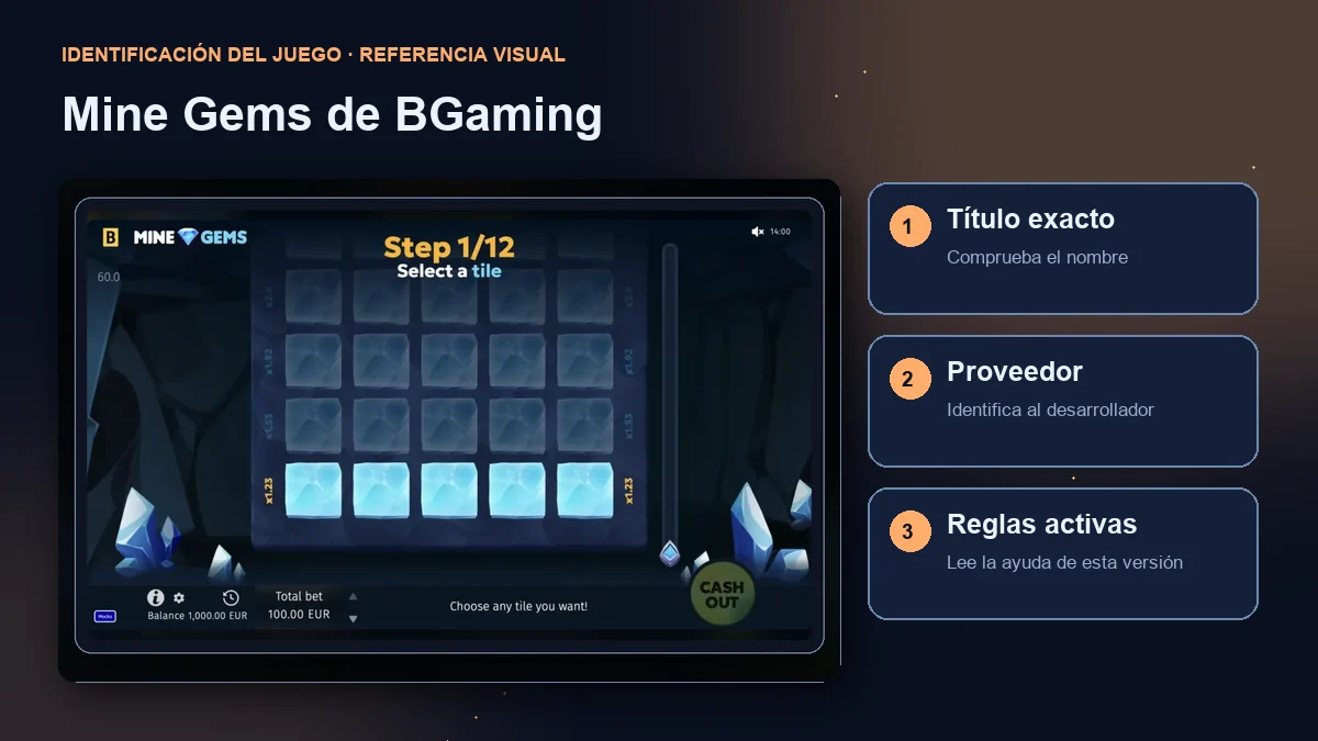 Mine Gems de BGaming: interfaz con comprobaciones de título, proveedor y reglas.