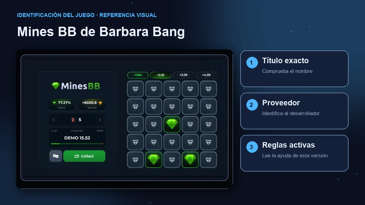 Mines BB de Barbara Bang: interfaz con comprobaciones de título, proveedor y reglas.