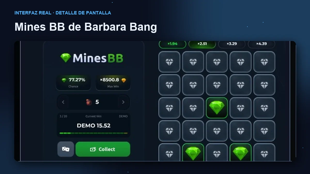 Mines BB de Barbara Bang: detalle ampliado de la interfaz del juego.