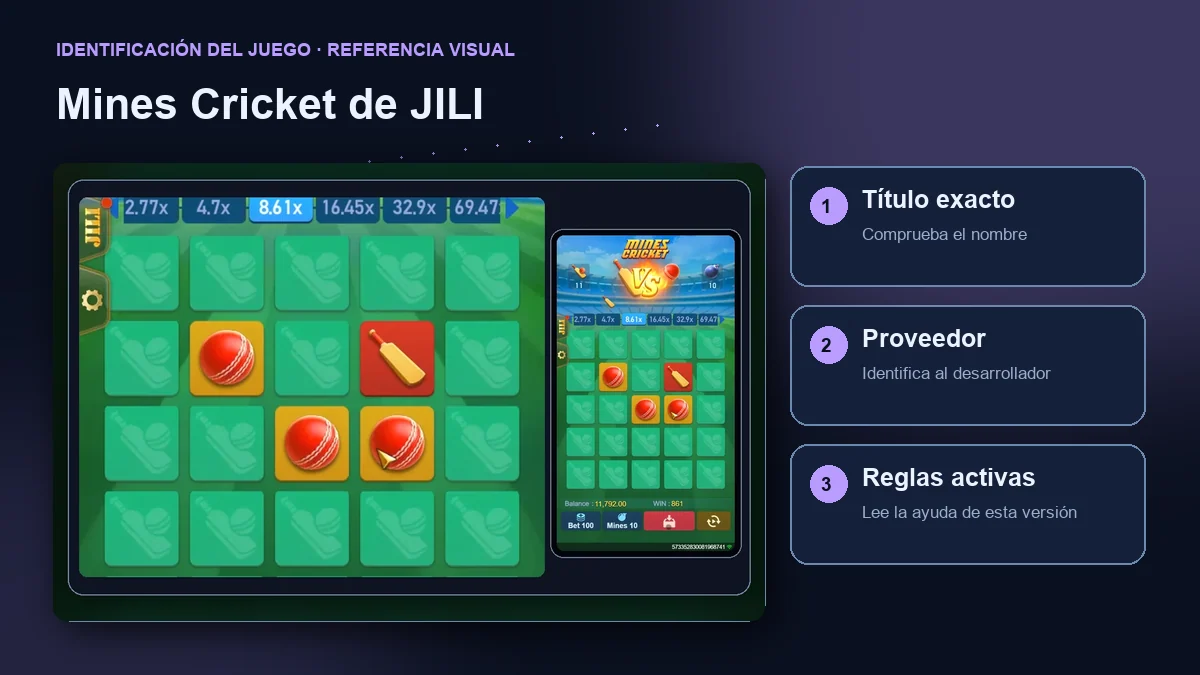 Mines Cricket de JILI: interfaz con comprobaciones de título, proveedor y reglas.