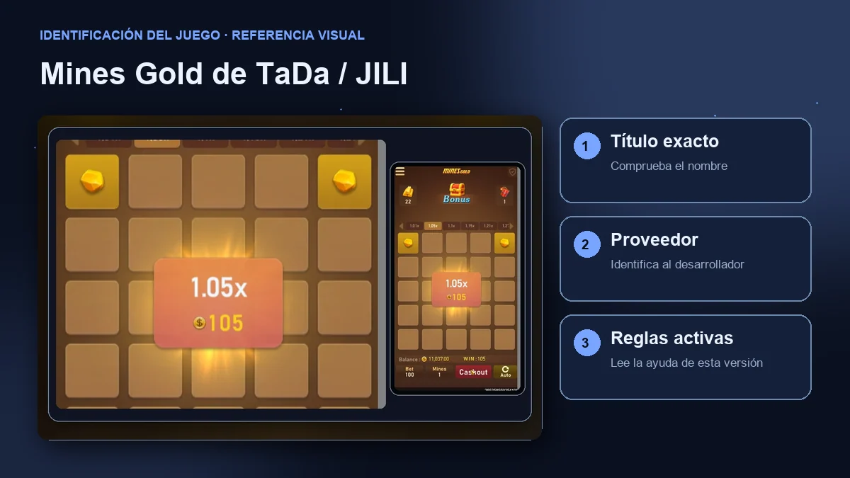 Mines Gold de TaDa / JILI: interfaz con comprobaciones de título, proveedor y reglas.
