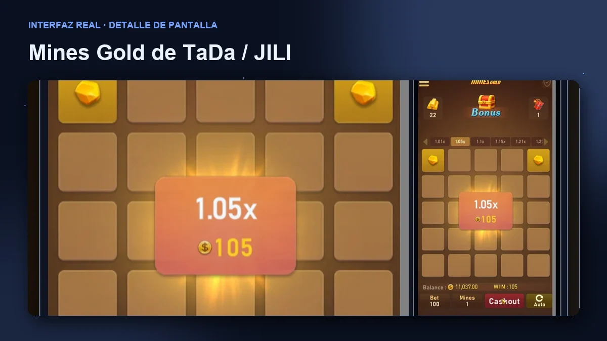 Mines Gold de TaDa / JILI: detalle ampliado de la interfaz del juego.