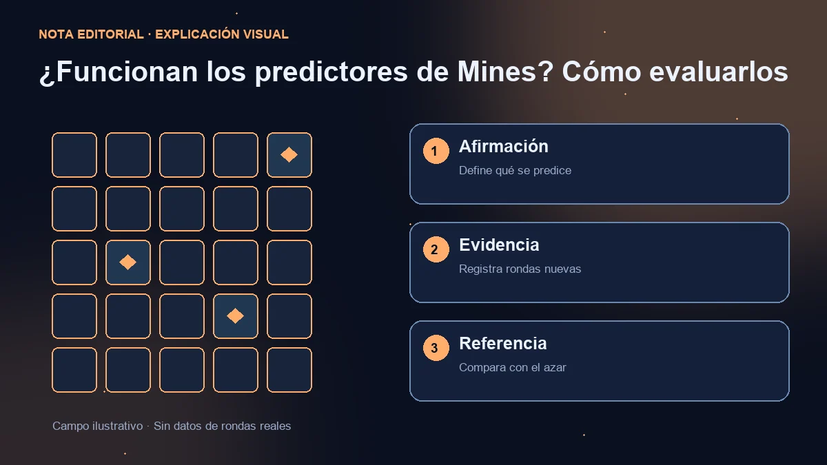Campo ilustrativo y tres comprobaciones: afirmación predictiva, rondas nuevas y comparación con el azar.