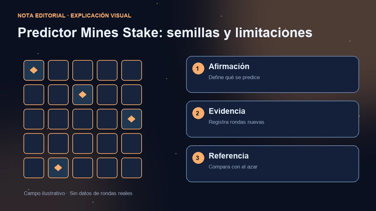 Campo ilustrativo y tres comprobaciones: afirmación predictiva, rondas nuevas y comparación con el azar.