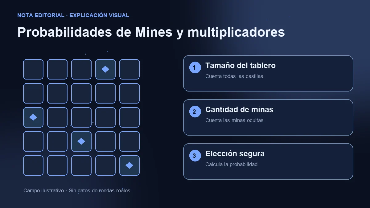 Campo ilustrativo y tres comprobaciones: tamaño del campo, minas y probabilidad de elección segura.