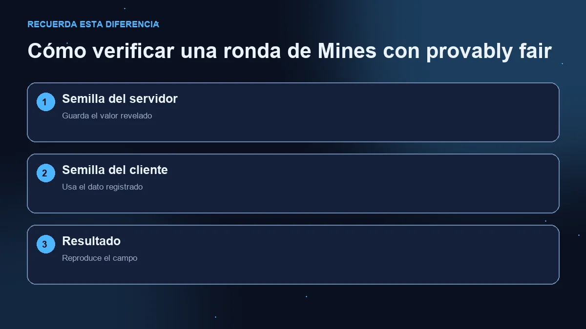 Diagrama de tres pasos: semilla del servidor revelada, semilla del cliente y resultado reproducido.