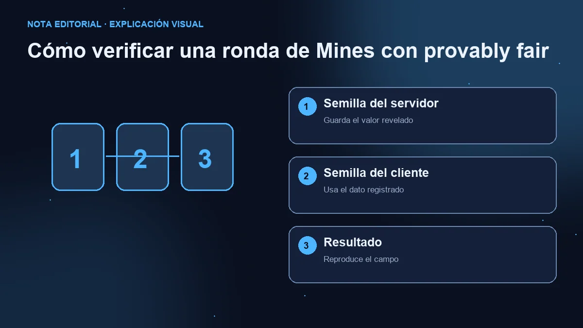 Diagrama de tres pasos: semilla del servidor revelada, semilla del cliente y resultado reproducido.