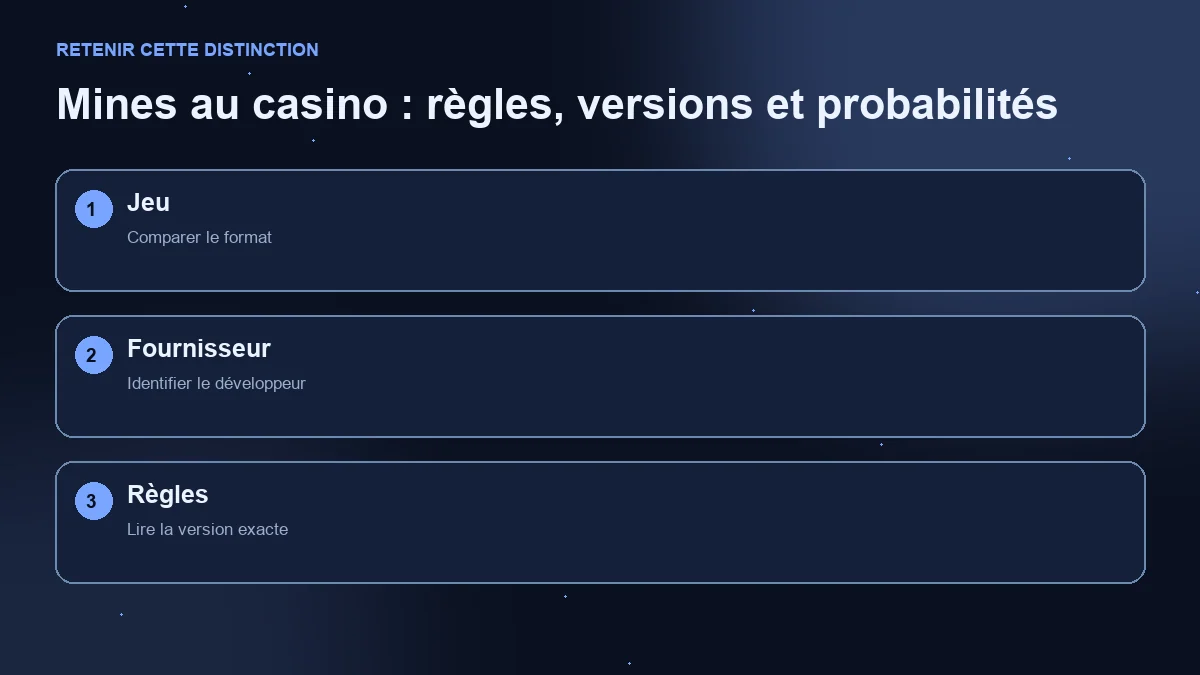 Schéma en trois étapes : format du jeu, fournisseur et règles de la version.