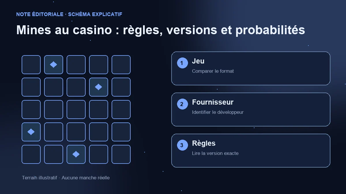 Terrain illustratif et trois vérifications : format du jeu, fournisseur et règles de la version.