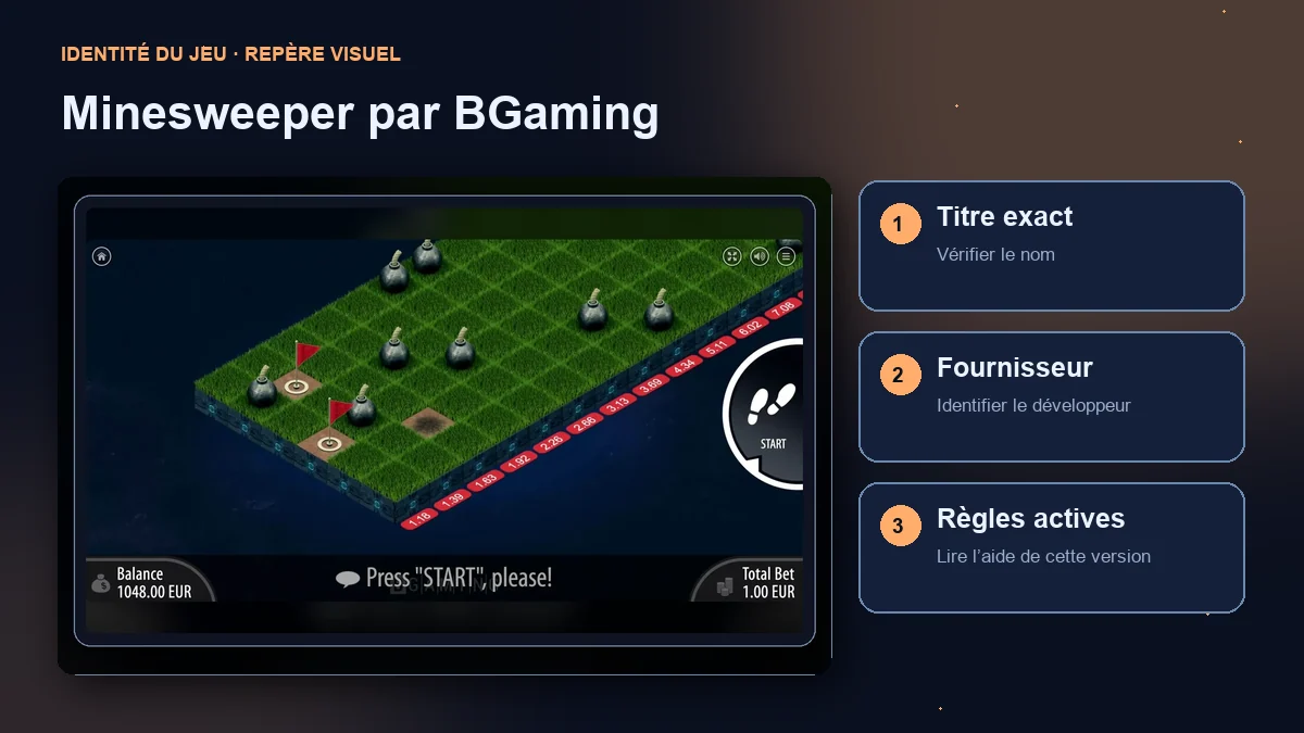 Minesweeper par BGaming : interface avec vérifications du titre, du fournisseur et des règles.