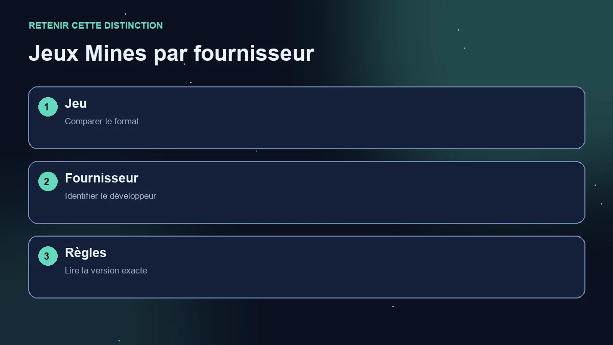 Schéma en trois étapes : format du jeu, fournisseur et règles de la version.