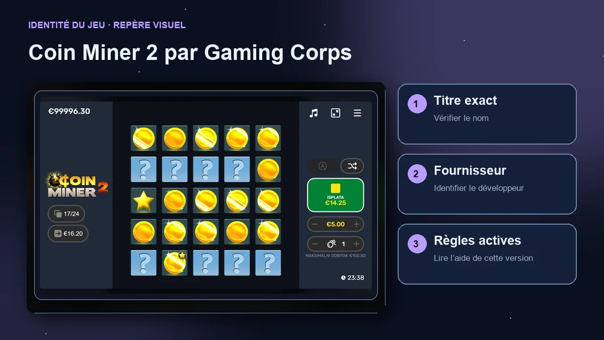 Coin Miner 2 par Gaming Corps : interface avec vérifications du titre, du fournisseur et des règles.