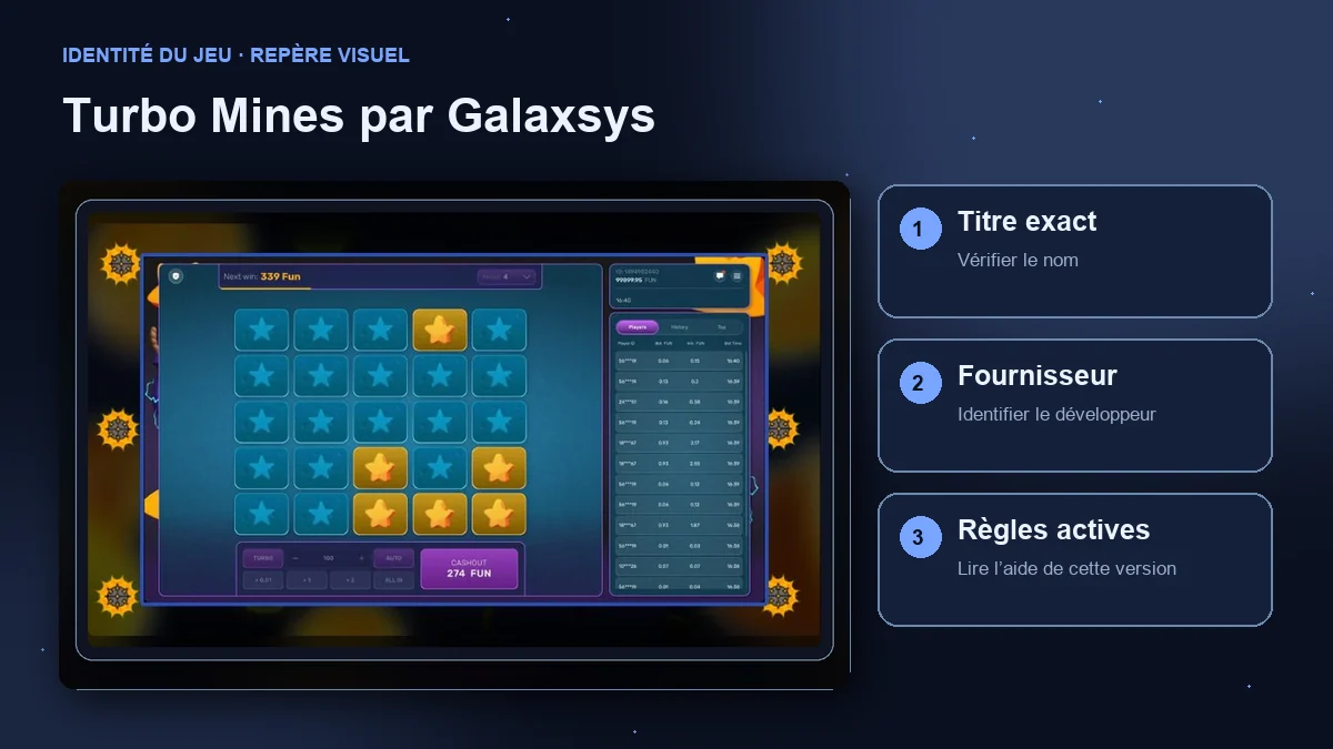 Turbo Mines par Galaxsys : interface avec vérifications du titre, du fournisseur et des règles.