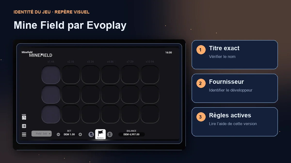 Mine Field par Evoplay : interface avec vérifications du titre, du fournisseur et des règles.