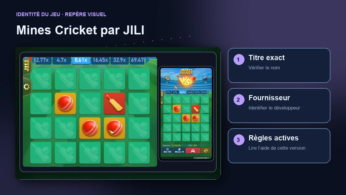Mines Cricket par JILI : interface avec vérifications du titre, du fournisseur et des règles.