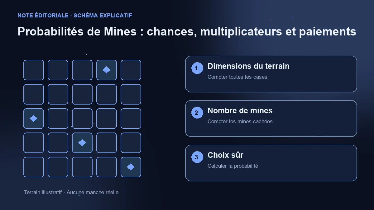 Terrain illustratif et trois vérifications : dimensions du terrain, mines et probabilité de choix sûr.
