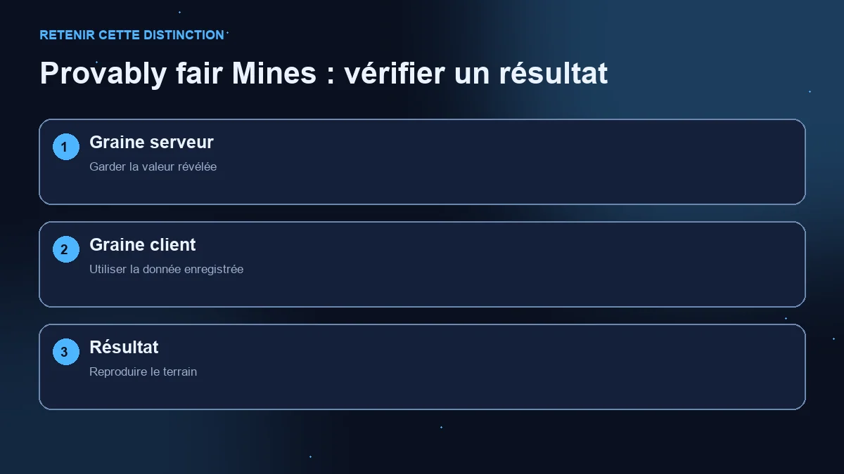 Schéma en trois étapes : graine serveur révélée, graine client et résultat reproduit.