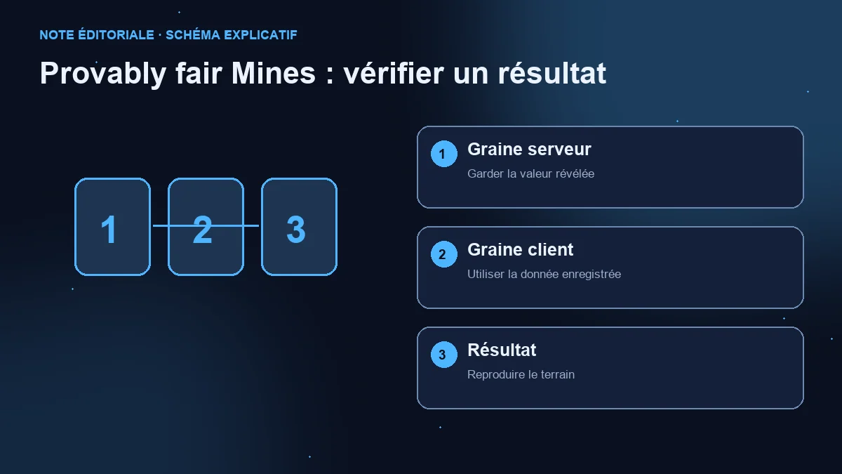 Schéma en trois étapes : graine serveur révélée, graine client et résultat reproduit.
