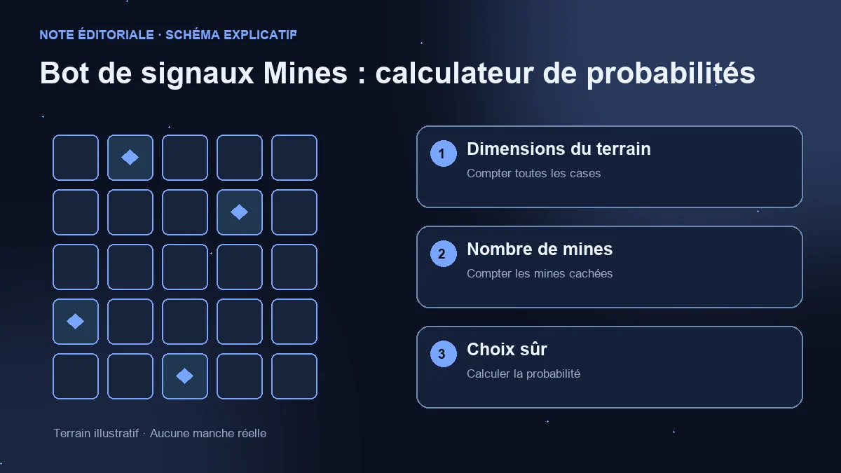 Terrain illustratif et trois vérifications : dimensions du terrain, mines et probabilité de choix sûr.
