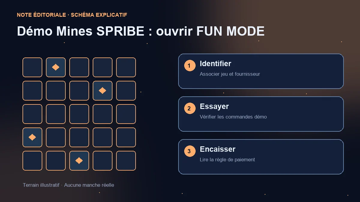 Terrain illustratif et trois vérifications : identification du jeu, commandes démo et encaissement.