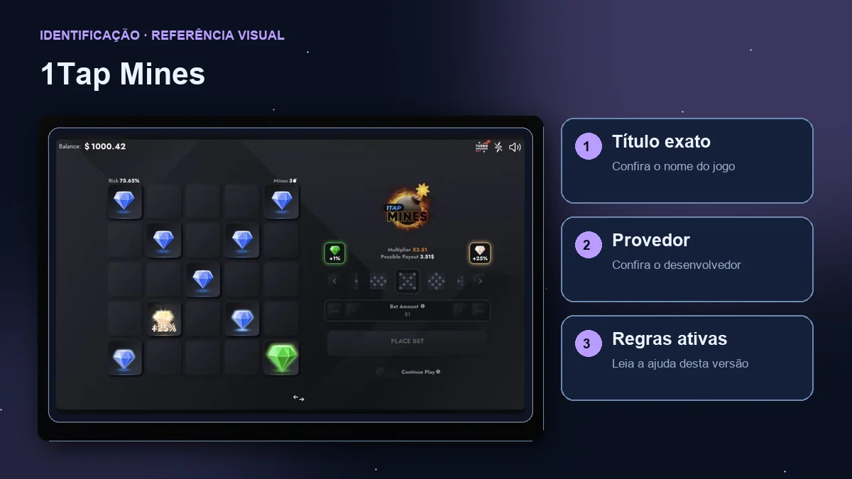 1Tap Mines: interface com verificações de título, provedor e regras.