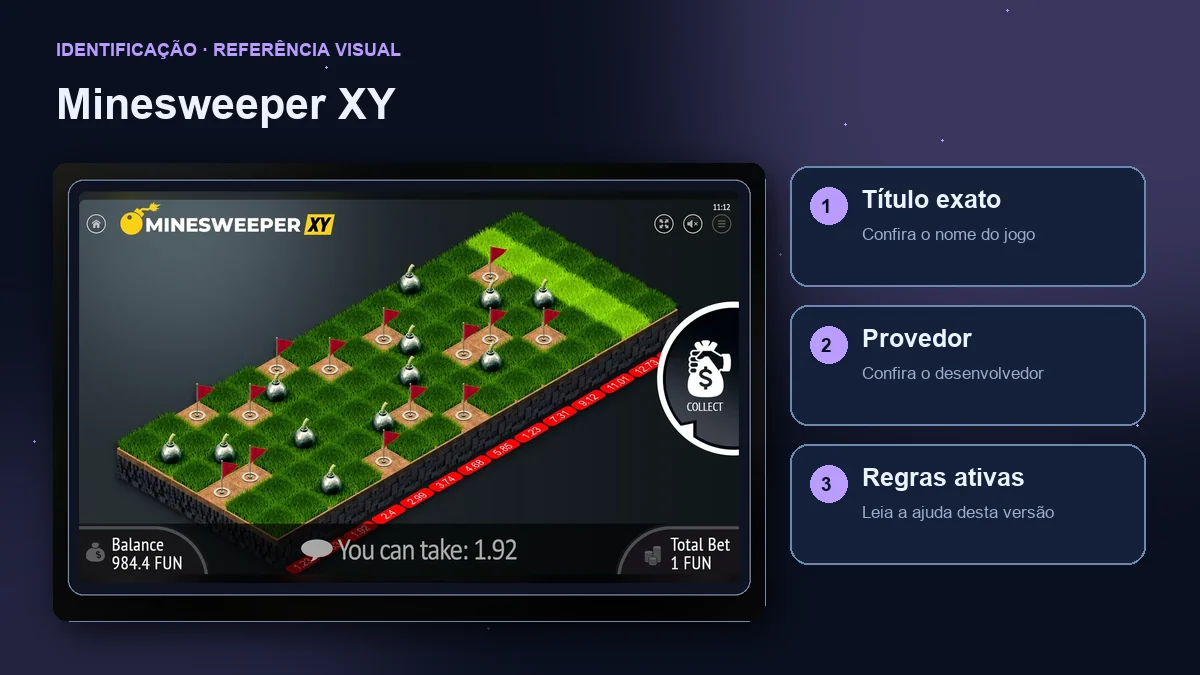Minesweeper XY: interface com verificações de título, provedor e regras.