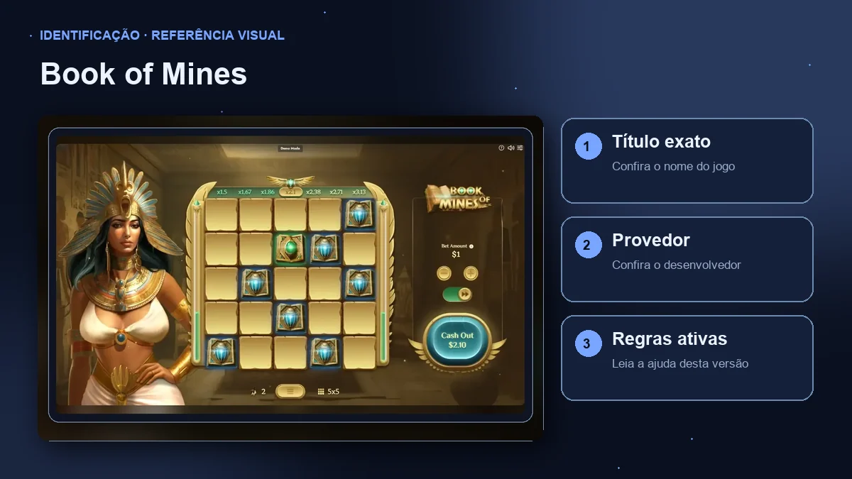 Book of Mines: interface com verificações de título, provedor e regras.