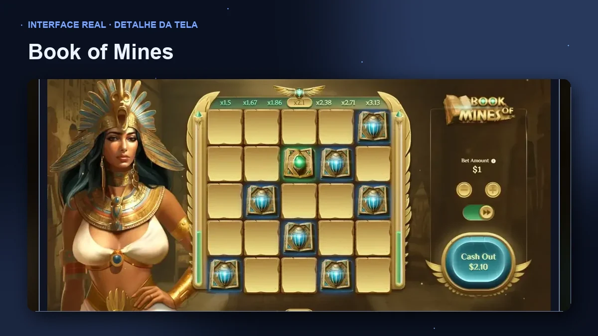 Book of Mines: detalhe ampliado da interface do jogo.