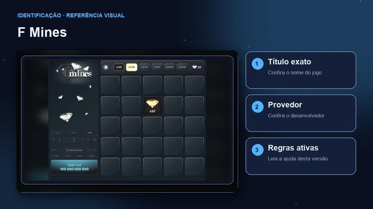 F Mines: interface com verificações de título, provedor e regras.