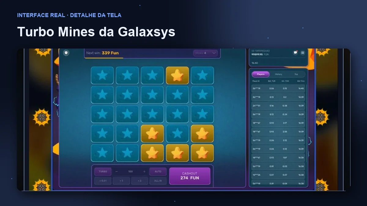 Turbo Mines da Galaxsys: detalhe ampliado da interface do jogo.