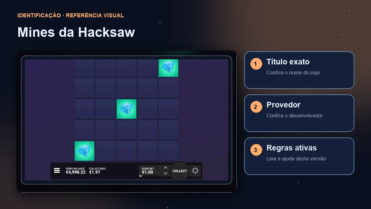 Mines da Hacksaw: interface com verificações de título, provedor e regras.