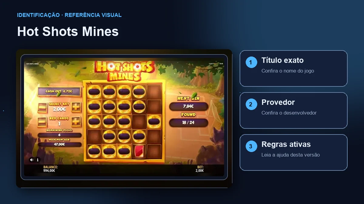 Hot Shots Mines: interface com verificações de título, provedor e regras.
