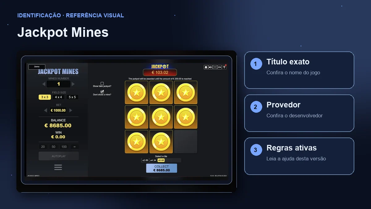 Jackpot Mines: interface com verificações de título, provedor e regras.