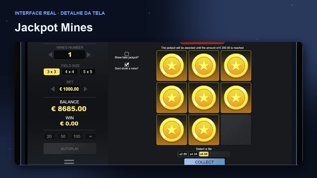 Jackpot Mines: detalhe ampliado da interface do jogo.