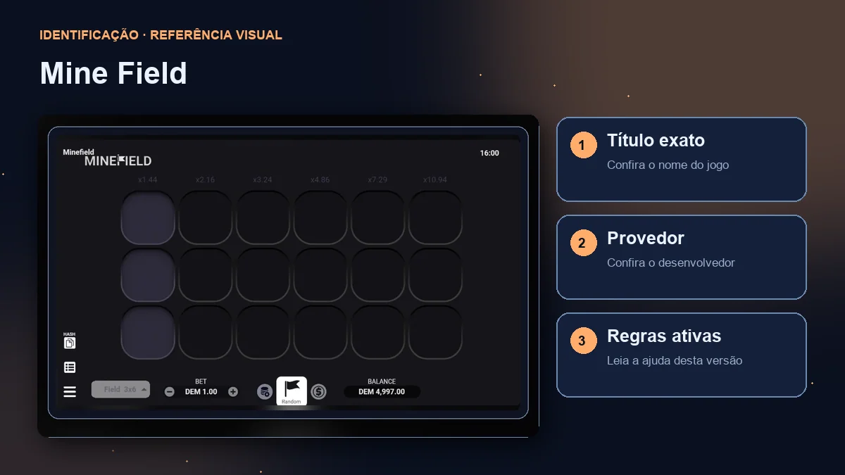 Mine Field: interface com verificações de título, provedor e regras.